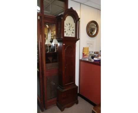 AN EIGHT DAY LONGCASE CLOCK, with mahogany case and painted dial, approx. 86" high