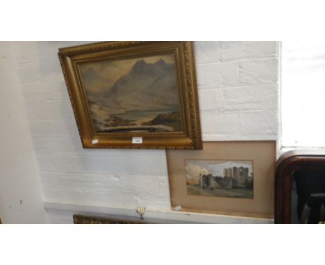 AN OIL ON BOARD SKETCH OF A MOUNTAIN LAKE SCENE, together with an unframed naive 19th century watercolour of a castle