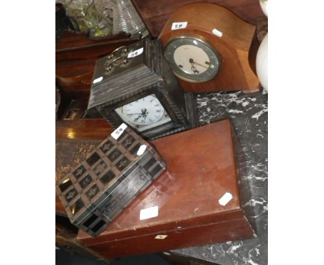 A walnut cased mantel clock, another similar, a workbox and a quantity of playing cards
