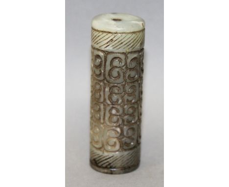 A CHINESE ARCHAIC STYLE CYLINDRICAL JADE BEAD, decorated with a repeated scroll design, 2.25in long.