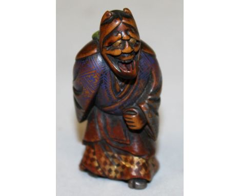 A RARE SIGNED 18TH CENTURY JAPANESE EDO PERIOD LACQUERED & PAINTED WOOD NETSUKE OF A NOH PERFORMER BY SHUZAN, the performer w