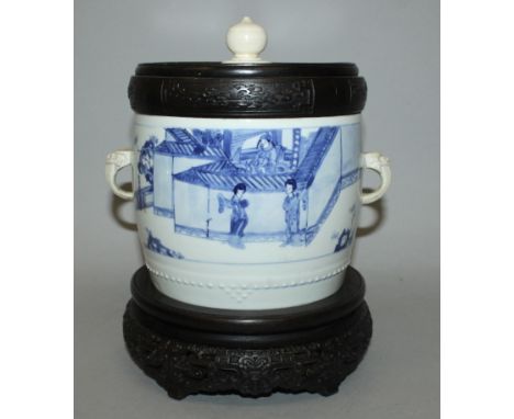 A GOOD CHINESE KANGXI MARK & PERIOD BLUE & WHITE PORCELAIN JAR, together with a good quality fitted carved and pierced hardwo