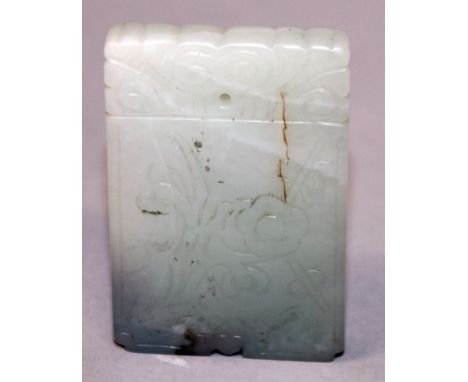 A CHINESE CELADON JADE PENDANT, in the form of a rectangular tablet, each side decorated with foliage, the stone with some ru