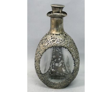 A GOOD CHINESE SILVER OVERLAY GLASS DECANTER & STOPPER, the pierced silver overlay by Wang Hing and in the form of dense blos