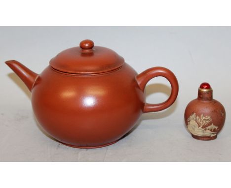 A 19TH/20TH CENTURY CHINESE YIXING SNUFF BOTTLE WITH GLASS STOPPER, the sides decorated in raised ochre relief with two scene