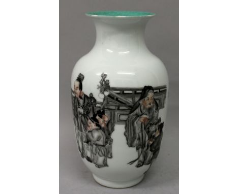 A GOOD QUALITY CHINESE PORCELAIN VASE, of lantern form, the sides well decorated en grisaille and in iron-red with calligraph