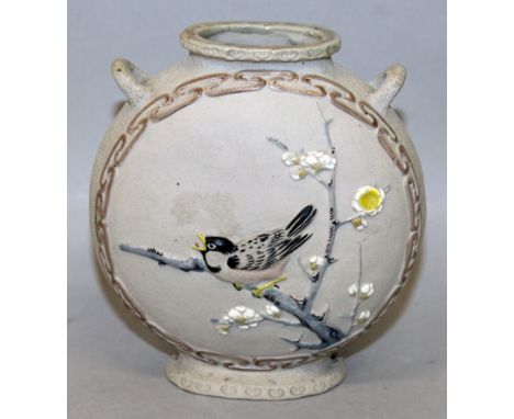 AN EARLY 20TH CENTURY JAPANESE BANKO TYPE CERAMIC MOON FLASK, unsigned, moulded with two scenes of birds and foliage, 4.1in w