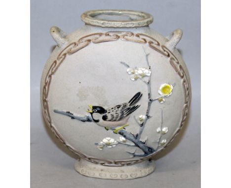 AN EARLY 20TH CENTURY JAPANESE BANKO TYPE CERAMIC MOON FLASK, unsigned, moulded with two scenes of birds and foliage, 4.1in w