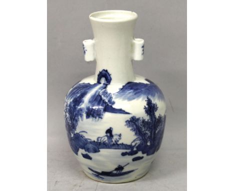 A 19TH CENTURY CHINESE BLUE & WHITE PORCELAIN ARROW VASE, the sides painted with a continuous river landscape setting, the ba