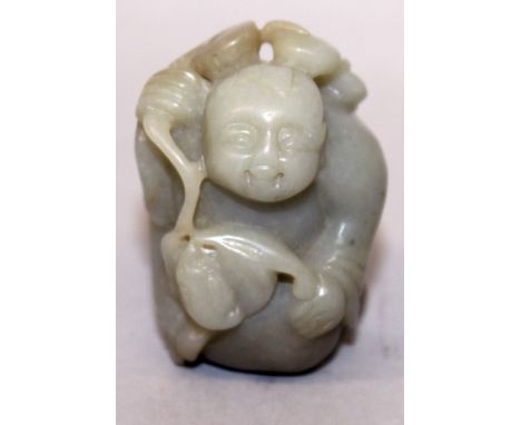 A GOOD 19TH/20TH CENTURY CHINESE CELADON GREEN JADE FIGURE OF A BOY, carved with a bat before him and a string of 'cash' over