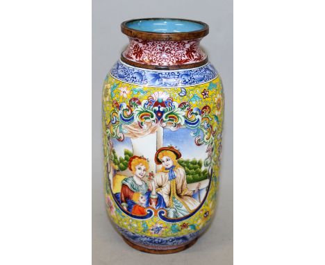 A GOOD QUALITY CHINESE CANTON ENAMEL VASE, decorated with panels of European figures reserved on a floral ground between flor