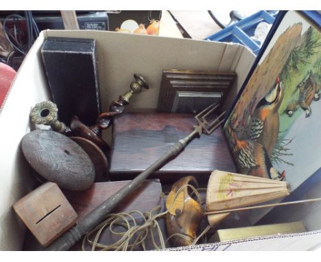 A large quantity of old boxes, place mats, candlesticks, barometer etc 