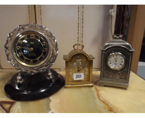2 Carriage type mantle clocks and a Deco style clock