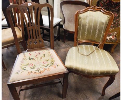 A French style green upholstered dining chair and a Georgian style chair with tapestry seat 