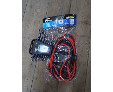 A set of heavy duty 12' long jump leads and a 8 piece combination spanner set