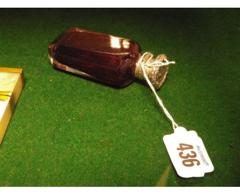 A ruby glass Victorian scent bottle with white metal hinge lid     possible old restoration underneath hinge lid