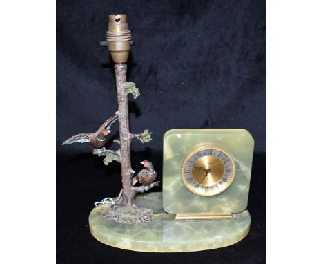 A 1930s TABLE LAMP The cold bronze column in the form of a tree trunk with two cock pheasants perched on the branches, the ov