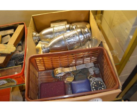 A quantity of various coinage; pocket watch AF; Casio wrist watch; various earrings; pair of vases etc.