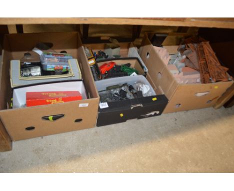 Three boxes of various model trains and other toys etc.