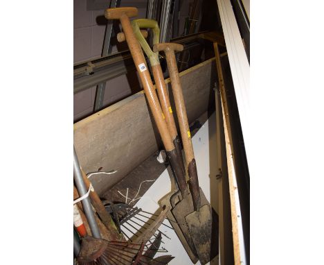 A bundle of garden tools, comprising: spades; a shovel and fork.