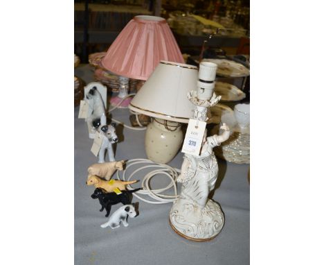 Two ceramic table lamps; and another, two with shades; and a collection of six ceramic ornaments, including: two Beswick labr
