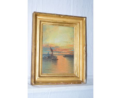 An early 20th century oil painting - Continental seascape at dusk with fishing boats, indistinctly signed.