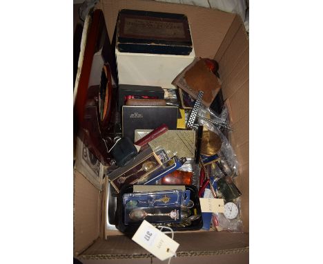 A box of collectables, to include: fountain pens by Parker; an Art Deco cigarette case; a hip flask; two cigarette holders; a