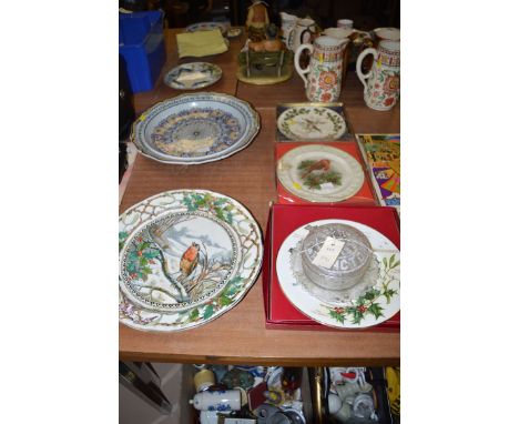 Three modern decorative ceramic cabinet plates; a glass bowl and cover commemorating Queen Victoria's Jubilee; a large Minton