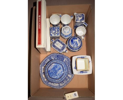 A box of blue and white Ringtons ware, to include: teapots; tea caddy; ginger jar; and a Royal Albert cake plate and server.