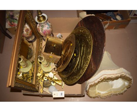 Brassware, to include: three circular trays; a modern Chinese table lamp; a Staiger quartz mantel clock; a mirror; and others