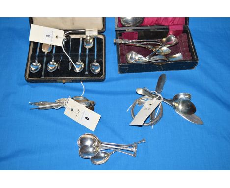 Various silver and metal tea and coffee spoons, commemorative spoons, a bangle and a set of six coffee spoons with matching t