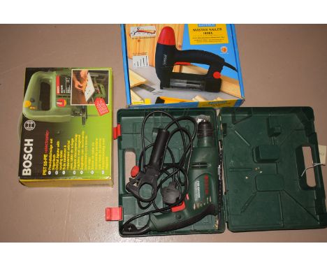 A Rapesco Master nail gun, model 180EL; and a Bosch jig-saw, model no. PST55-PE; and a Bosch electric drill, model no. PSB 10
