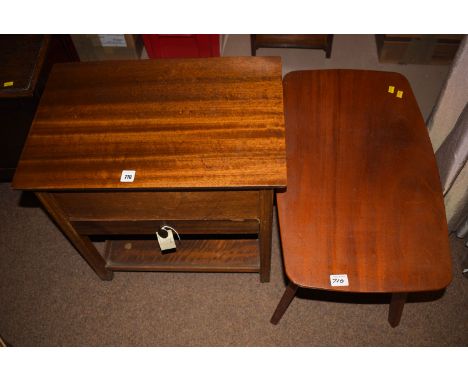 A mahogany sewing table; a small occasional table; and a standard lamp.