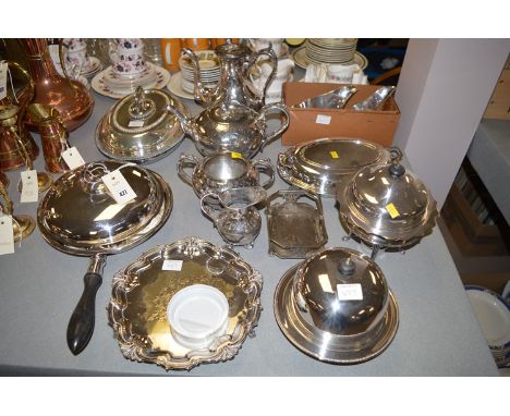 A four-piece 19th Century EPBM tea service; a plated entree dish and cover; a chafing dish and cover; and sundry plated metal