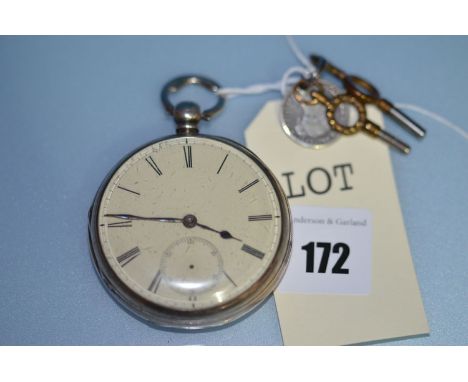 A silver cased open faced pocket watch, no.34192, white enamel roman dial, subsidiary seconds aperture.