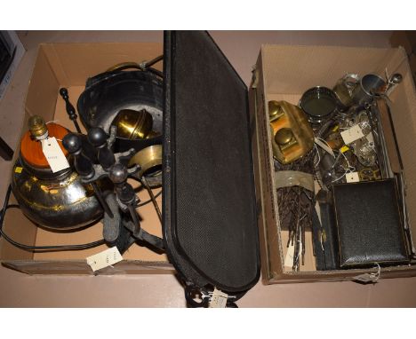 A quantity of metalware in two boxes, to include: a black metal companion set; a coal bucket; spark guard; a white metal fold