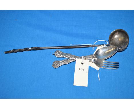 A Georgian toddy ladle with twisted whalebone handle; together with a Kings pattern spoon and fork, by J.S.A.S., London 1842.