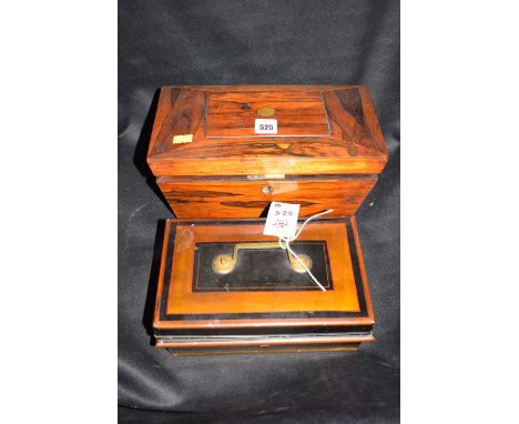 A rosewood tea caddy with fitted interior (bowl missing), raised on bun feet; together with a metal cash box with fitted bras