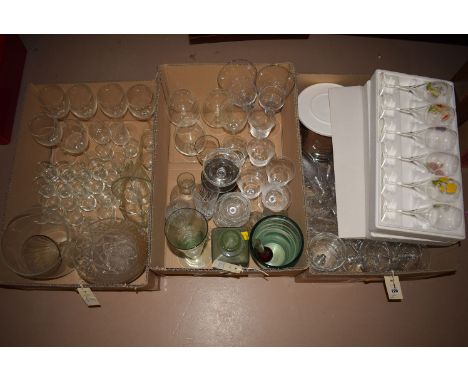 Three boxes of miscellaneous drinking glasses; a cut glass vase; decanter; and other glassware.