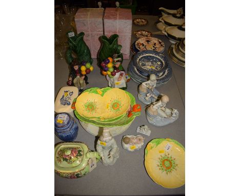 A collection of miscellaneous ceramics, including: a pair of green glazed gurgle jugs; two ceramic figures 'Balloon Man' and 