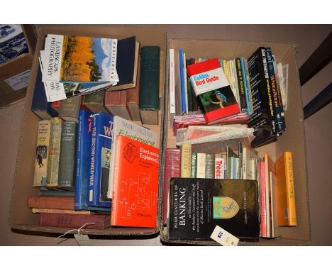Two boxes of hardback books, various interests; Electronics Explained by Peter Laurie; General Principles of Geology by J.F. 
