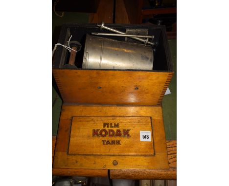 A vintage Kodak film tank, in fitted wooden box with lift-off lid, marked to the inside '3 1/2in. Model - B - 2'.