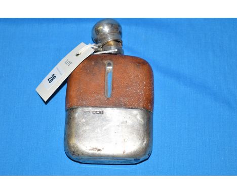 A silver, leather and glass hip flask, by James Deakin & Sons, Sheffield 1951.