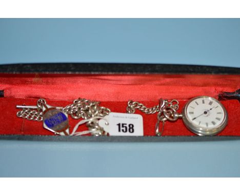 A silver cased fob watch with white enamel roman dial on silver bow brooch; together with a silver graduated Albert chain fit