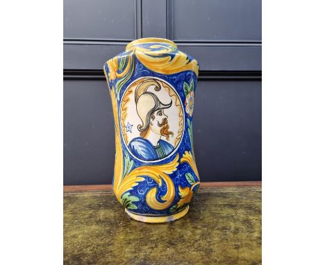 A large Italian maiolica albarello,&nbsp;42cm high. 