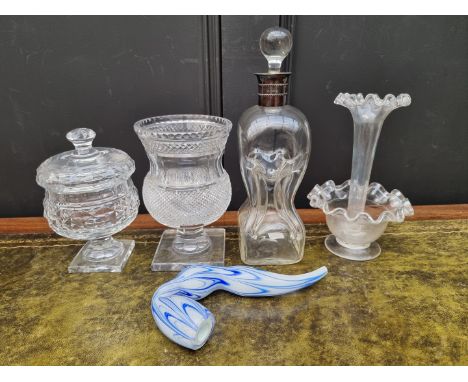 A small group of antique glass, comprising a good cut thistle form vase, 19.5cm high; a silver mounted glug glug decanter and