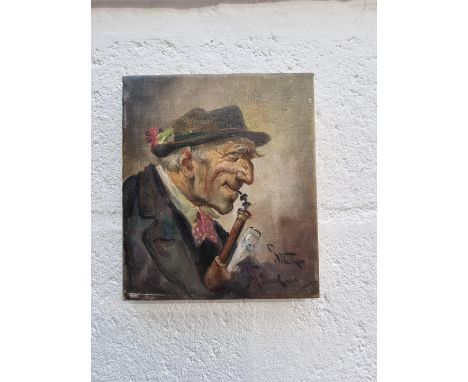 Continental School, a Bavarian pipe smoker, indistinctly signed, oil on canvas, 21 x 18cm, unframed.&nbsp; 