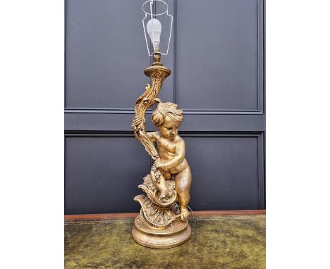 A large gilt gesso figural table lamp,&nbsp;height excluding fitting 70cm, (small chips). 