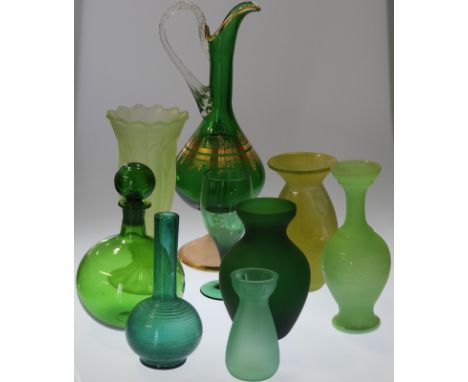 GREEN GLASS DECANTER & VASES (9) 