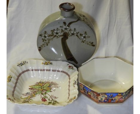 SPODE ROSALIE BOWL, CROWN DUCAL CRIES OF LONDON BOWL + POTTERY MOON FLASK 